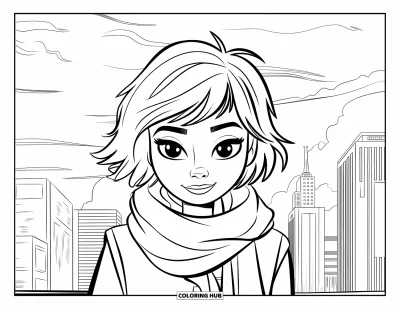Dibujo para colorear de cara de niña para niños: Una niña con pelo corto y despeinado y una bufanda está de pie en una ciudad moderna con edificios altos