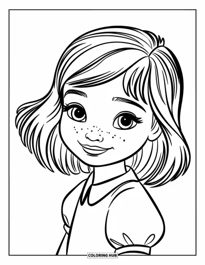 Dibujo para colorear de cara de niña para niños: Una niña con pelo liso y mejillas redondas sonríe suavemente mientras está de pie sobre un fondo blanco