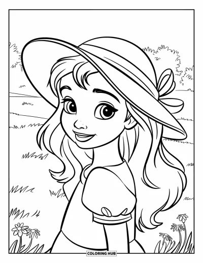 Dibujo para colorear de cara de niña para niños: Una niña con pelo ondulado y un sombrero para el sol sonríe dulcemente en un campo de hierba con flores