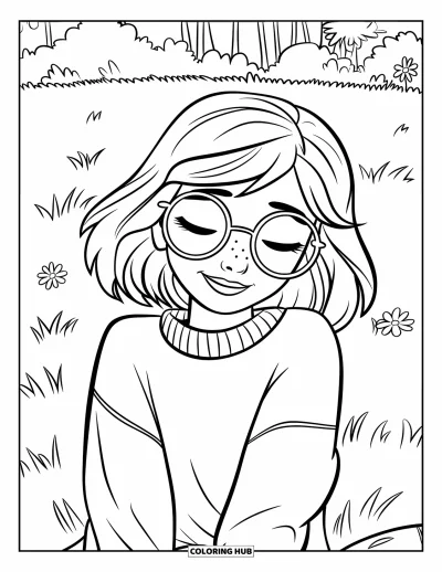 Dibujo para colorear de cara de niña para niños: Una niña con pelo ondulado y gafas sonríe mientras está sentada en un campo de hierba entre flores