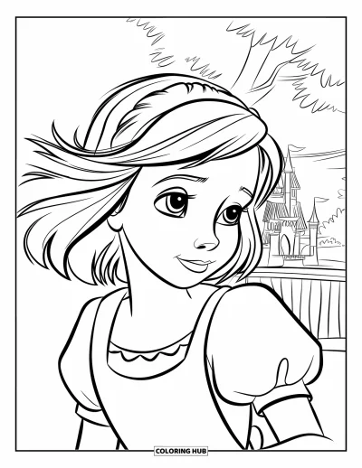 Dibujo para colorear de cara de niña para niños: Una niña con el pelo al viento y un vestido suelto está de pie cerca de un castillo y árboles distantes