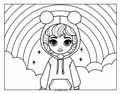Dibujo para colorear de cara de niña para niños: Una niña feliz con una sudadera con capucha de orejas está de pie sobre una nube con arcoíris y estrellas brillantes