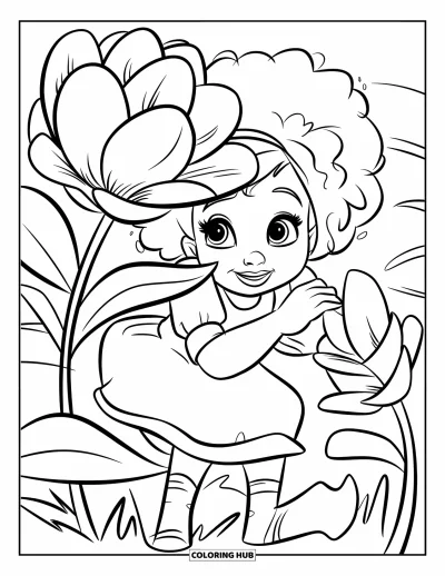 Dibujo para colorear de cara de niña para niños: Una niña feliz con pelo rizado asoma por detrás de una gran flor con hojas verdes