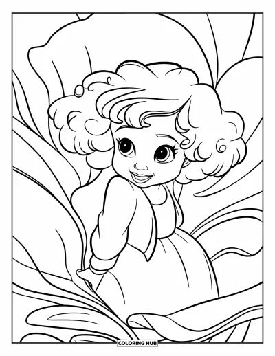 Dibujo para colorear de cara de niña para niños: Una niña feliz con pelo rizado y esponjoso asoma por detrás de una gran flor