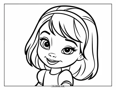 Dibujo para colorear de cara de niña para niños: Una niña pequeña con una diadema guiña un ojo juguetonamente mientras lleva un vestido encantador