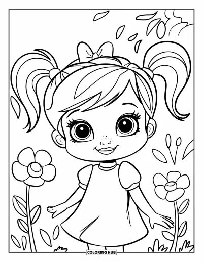 Dibujo para colorear de cara de niña para niños: Una niña pequeña con coletas y un lazo está de pie en un jardín lleno de flores, con un aspecto juguetón