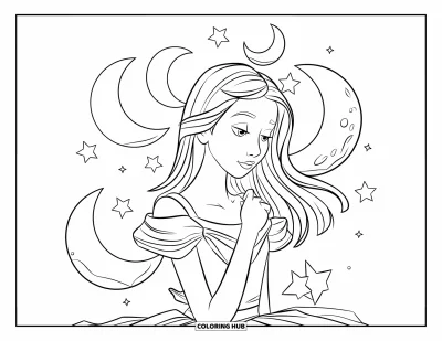 Dibujo para colorear de cara de niña para niños: Una serena adolescente con pelo largo está de pie entre lunas y estrellas en un cielo nocturno tranquilo