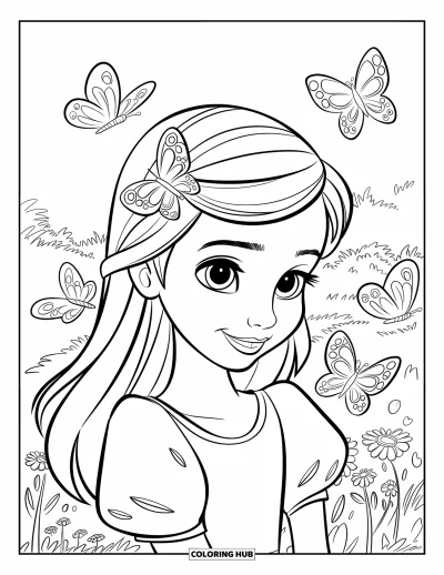 Dibujo para colorear de cara de niña para niños: Una niña sonriente con una pinza de pelo de mariposa está de pie en un campo rodeada de mariposas revoloteando