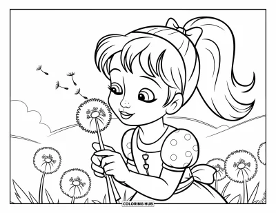 Dibujo para colorear de cara de niña para niños: Una niña sonriente con una coleta y un vestido suelto observa cómo las semillas de diente de león se desplazan en el viento