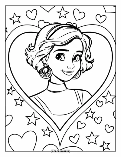 Dibujo para colorear de cara de niña para niños: Una niña sonriente con pelo corto y rizado está enmarcada por un gran corazón y estrellas brillantes