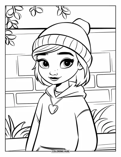 Dibujo para colorear de cara de niña para niños: Una niña elegante con un gorro y una sudadera con capucha está de pie ante una pared de ladrillo con plantas cerca