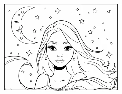 Dibujo para colorear de cara de niña para niños: Una adolescente con una expresión tranquila contempla el cielo nocturno lleno de estrellas y una luna