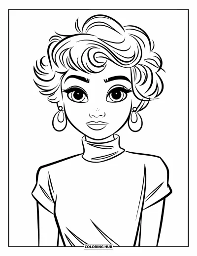 Dibujo para colorear de cara de niña para niños: Una adolescente con pelo corto y rizado y grandes pendientes sonríe alegremente sobre un fondo sencillo