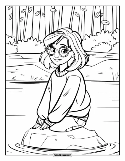 Dibujo para colorear de cara de niña para niños: Una adolescente con pelo ondulado, gafas y un suéter está sentada en una roca cerca de un lago sereno
