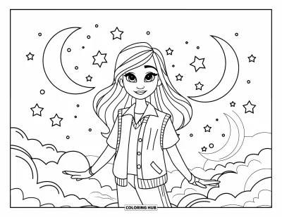 Dibujo para colorear de cara de niña para niños: Una adolescente con pelo ondulado está de pie sobre una nube, rodeada de lunas y estrellas brillantes