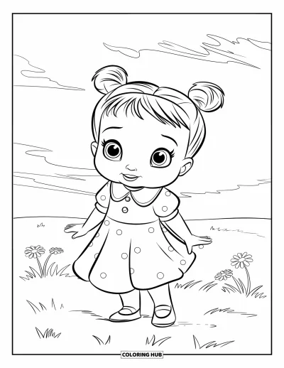 Dibujo para colorear de cara de niña para niños: Una niña pequeña con un vestido de lunares está de pie en un campo de hierba con nubes en el cielo