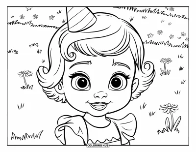 Dibujo para colorear de cara de niña para niños: Una niña pequeña con pelo rizado y un gorro de fiesta está de pie felizmente en un campo de flores