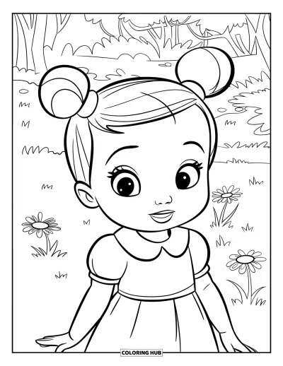 Dibujo para colorear de cara de niña para niños: Una niña pequeña con pequeños moños y un vestido amarillo está de pie en un campo de hierba con árboles detrás de ella