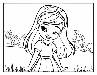 Dibujo para colorear de cara de niña para niños: Una niña guiñando un ojo con una diadema está de pie en un campo de hierba con flores al fondo