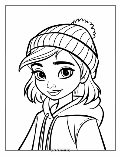 Dibujo para colorear de cara de niña para niños: Una joven con un gorro y una sudadera con capucha tiene una expresión relajada sobre un fondo blanco simple