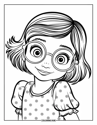 Dibujo para colorear de cara de niña para niños: Una joven con gafas redondas y pelo corto y ondulado mira con los ojos muy abiertos y curiosa