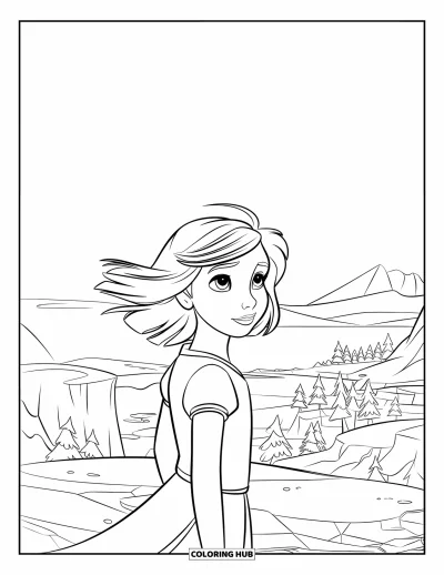 Dibujo para colorear de cara de niña para niños: Una joven con el pelo al viento contempla un vasto paisaje de montañas y agua