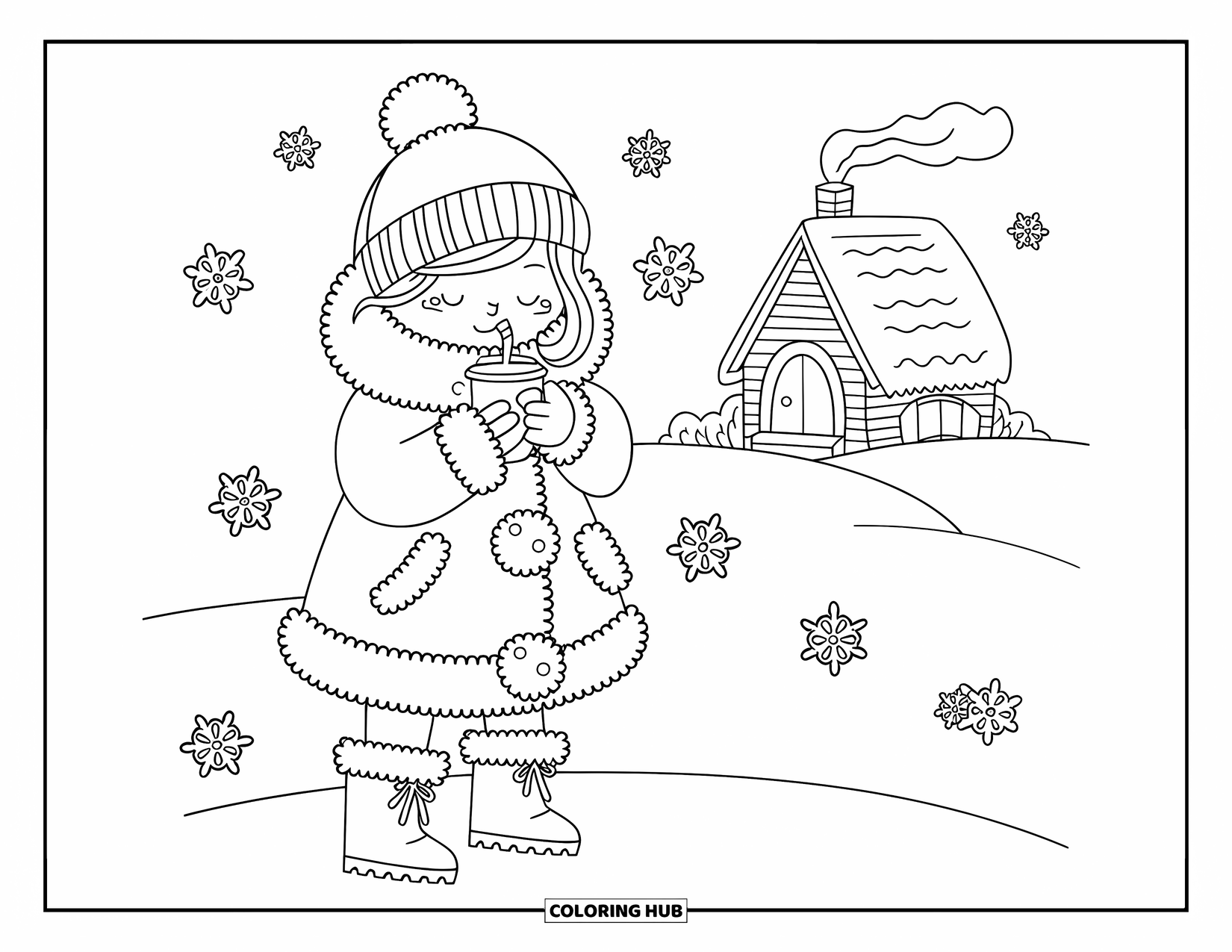 Girl Fashion Coloring Page for Adults: A bundled-up girl enjoying a snowy day, with tiny heart-shaped snowflakes falling