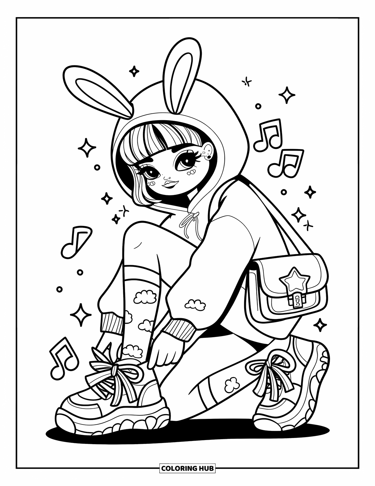 Girl Fashion Coloring Page for Adults: A chic girl in a cute hoodie and shorts, standing with her star-buckled satchel