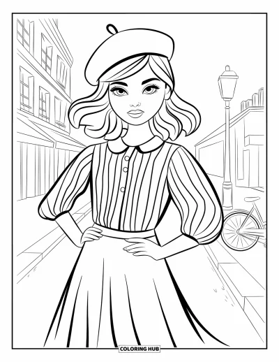 Dibujo de moda para niñas para adultos: Una chica parisina chic con una boina y una blusa a rayas, paseando por la ciudad