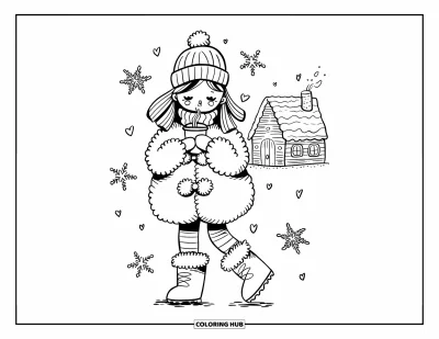 Dibujo de moda para niñas para adultos: Una escena invernal acogedora con una chica con un abrigo esponjoso, bebiendo una bebida caliente