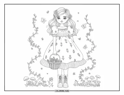 Dibujo de moda para niñas para adultos: Una chica fairycore de ensueño con un vestido de inspiración vintage, deambulando por un jardín mágico