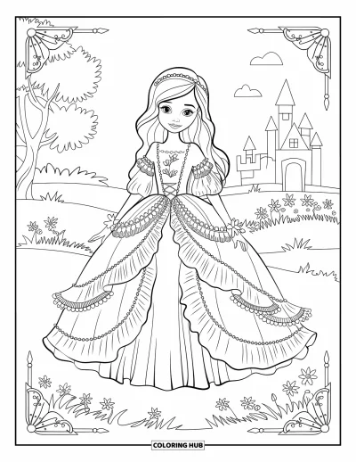 Dibujo de moda para niñas para adultos: Una chica de ensueño con un vestido de encaje, con un castillo en la distancia