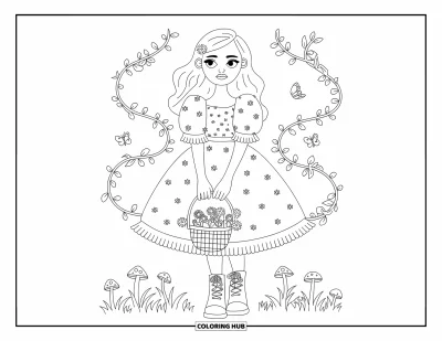 Dibujo para colorear de moda para chicas para adultos: Una chica fairycore con un vestido floral, llevando una cesta de flores en un jardín encantado
