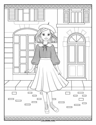 Dibujo para colorear de moda para chicas para adultos: Una chica a la moda con un atuendo parisino, de pie en una calle empedrada