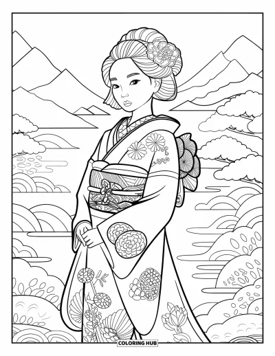 Dibujo para colorear de moda para chicas para adultos: Una chica en kimono con flores de cerezo, de pie contra un fondo tranquilo