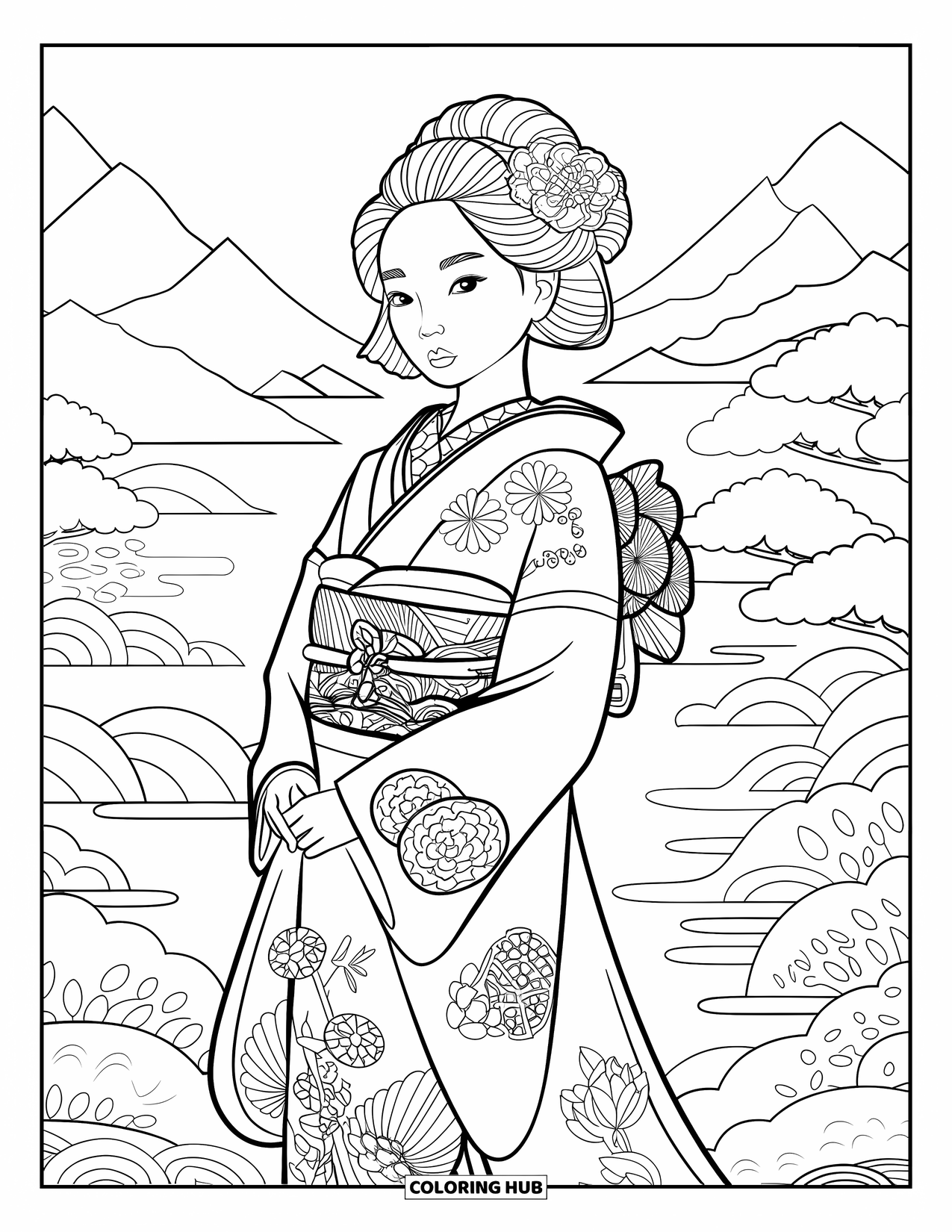 Girl Fashion Coloring Page for Adults: A girl in a kimono with cherry blossoms, standing against a peaceful backdrop