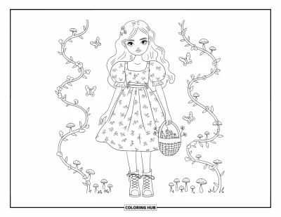 Dibujo de moda para niñas para adultos: Una chica con un vestido de manga abullonada con clips florales, rodeada de enredaderas y mariposas