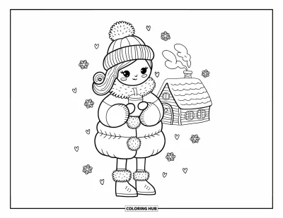 Dibujo para colorear de moda para chicas para adultos: Una chica con un atuendo de invierno sosteniendo una bebida caliente, con una cabaña acogedora al fondo
