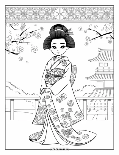 Dibujo de moda para niñas para adultos: Una chica con un kimono adornado con patrones florales, de pie en una plataforma de madera