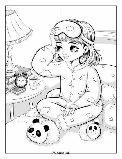Dibujo de moda para niñas para adultos: Una chica con un pijama extragrande con una máscara para dormir, disfrutando de un momento de tranquilidad en su dormitorio