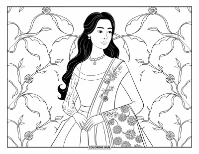 Dibujo para colorear de moda para chicas para adultos: Una mujer elegante con un Baro't Saya con bordados florales, luciendo un delicado pañuelo