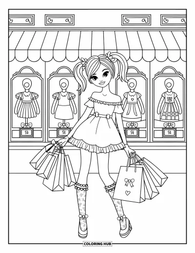 Dibujo de moda para niñas para adultos: Una chica de estilo kawaii en una juerga de compras, rodeada de adorables boutiques de moda