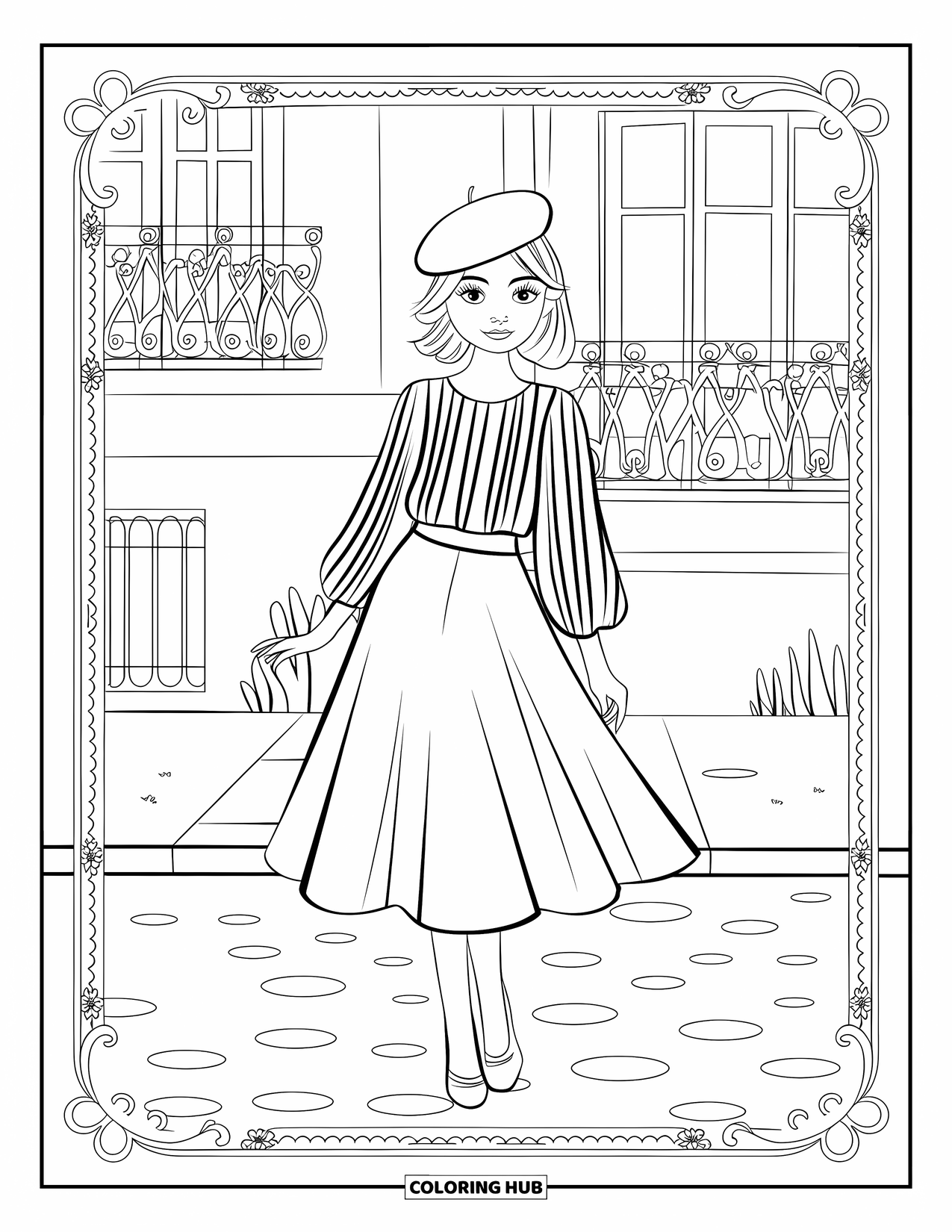 Girl Fashion Coloring Page for Adults: A Parisian girl in a flowing skirt, posing by a building with potted plants