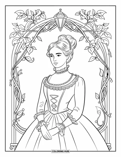 Dibujo de moda para niñas para adultos: Una mujer victoriana majestuosa con un vestido elaborado, enmarcada por arcos decorativos