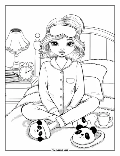 Dibujo de moda para niñas para colorear para adultos: Una chica relajada con ropa cómoda, bebiendo cacao en su cama cómoda