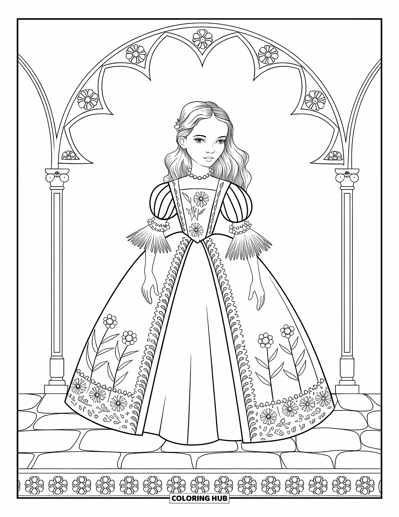 Girl Fashion Coloring Page for Adults: A Renaissance-inspired woman in a beaded gown, framed by a grand archway