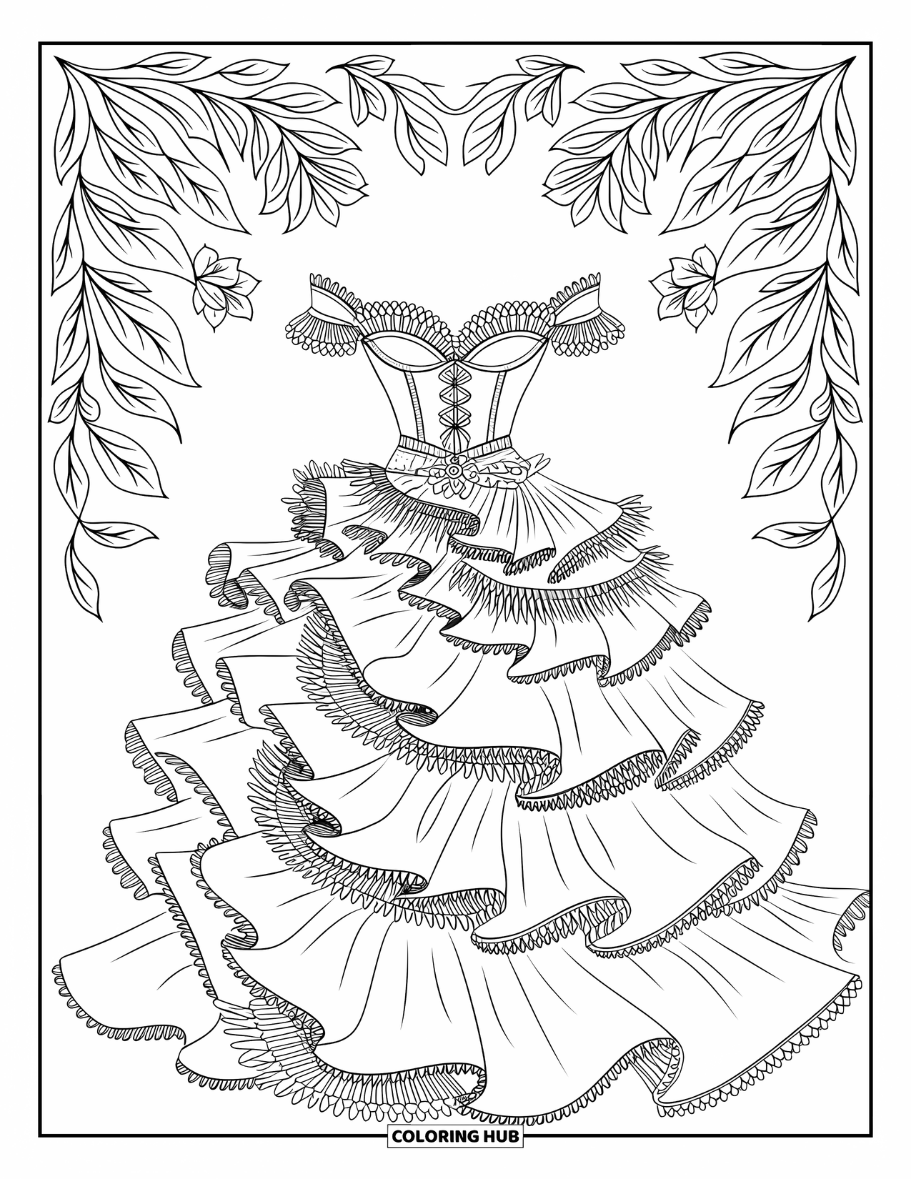 Girl Fashion Coloring Page for Adults: A runway model in a ruffled, high-fashion gown with floral embroidery