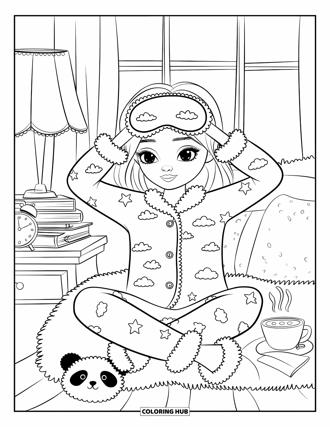 Girl Fashion Coloring Page for Adults: A sleepy girl in cloud-print pajamas, resting beside her lamp and books