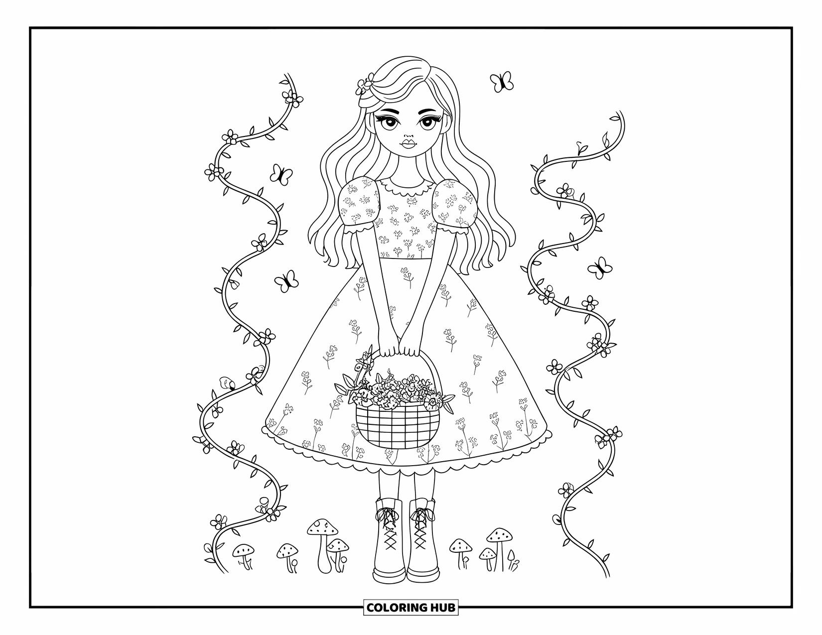 Girl Fashion Coloring Page for Adults: A soft, fairycore girl with a flower basket, standing among mushrooms and fluttering butterflies