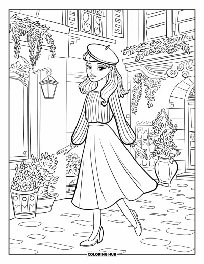 Dibujo de moda para niñas para adultos: Una chica elegante con una boina, rodeada de intrincados detalles de la calle parisina